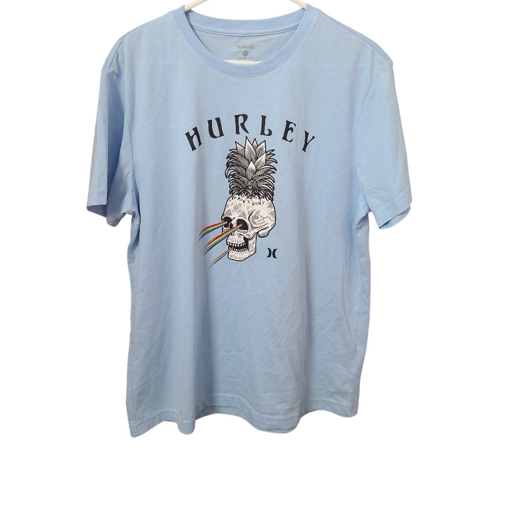 Men's Hurley T Shirt Skull Graphic Size Large Light Blue